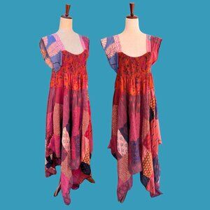 Women’s Patchwork Boho Smocked Maxi Dress Plus Size Hippie Fairycore Cottagecore